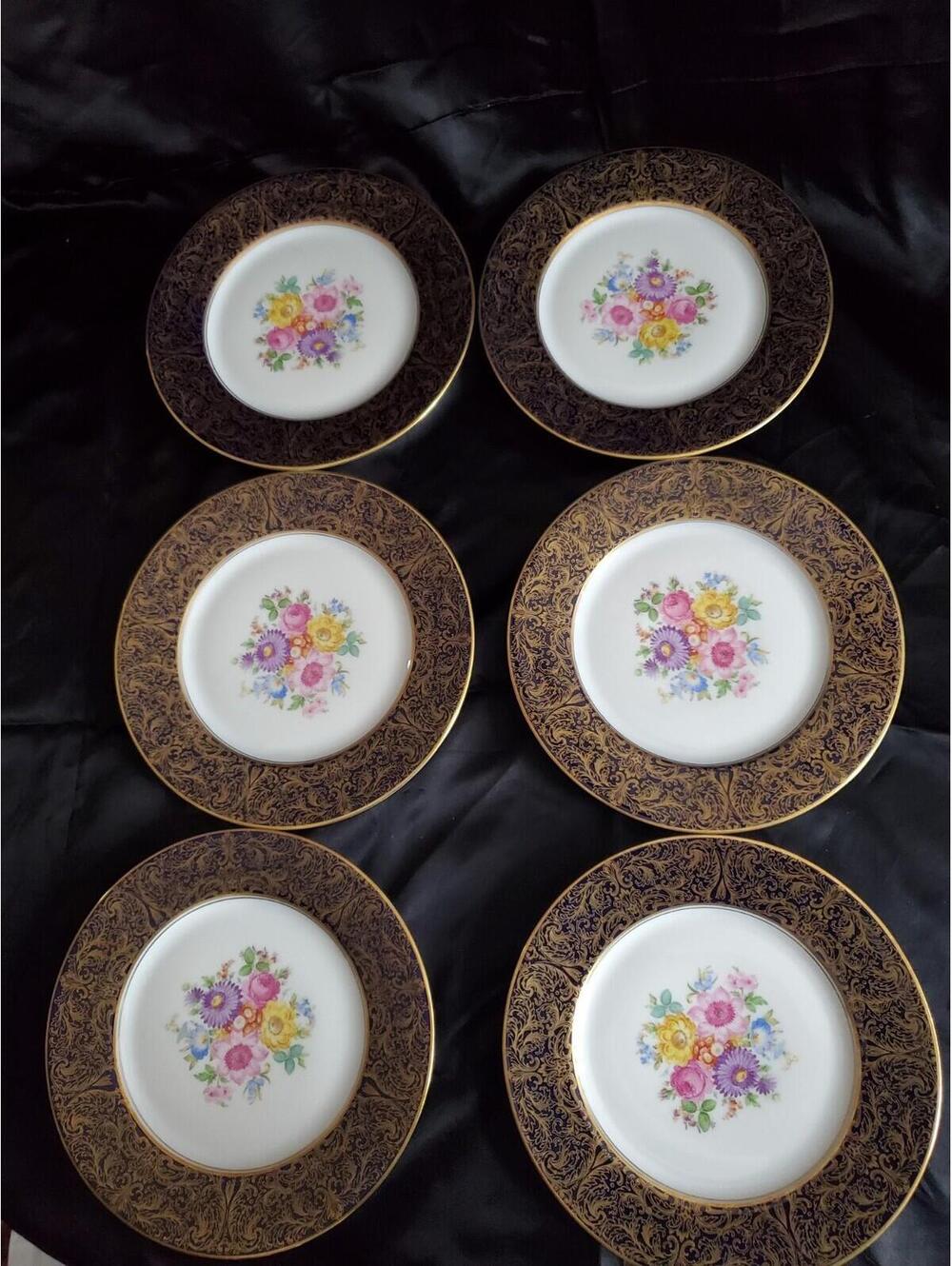 6 Beautiful Vtg German Porcelain 7 1/2" Plate,floral Navy/gold